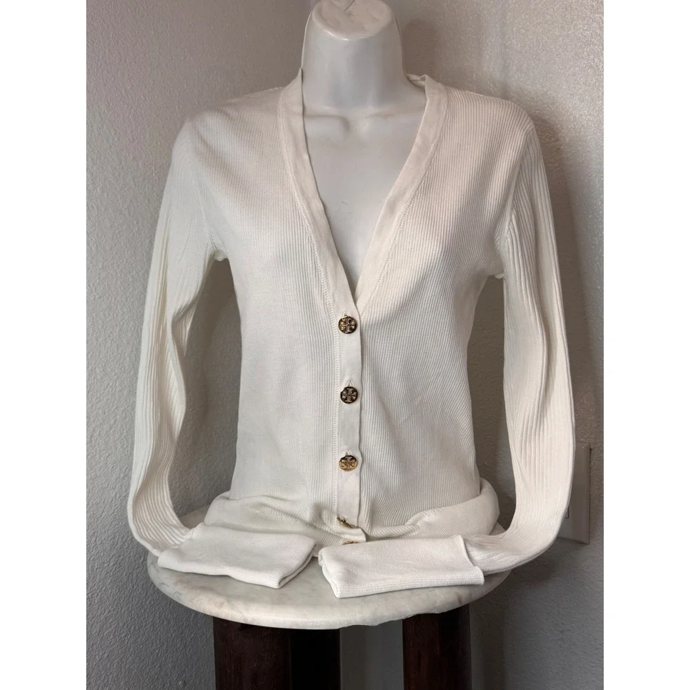 Tory Burch White Ribbed Cotton Simone Cardigan Gold Logo‎ Buttons Small